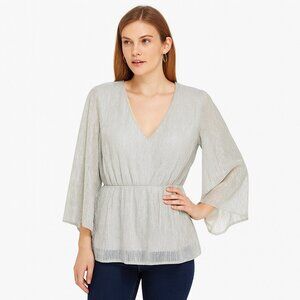 chaus Womens v neck sheer sleeves sparkly elastic waist pullover top size XL NWT